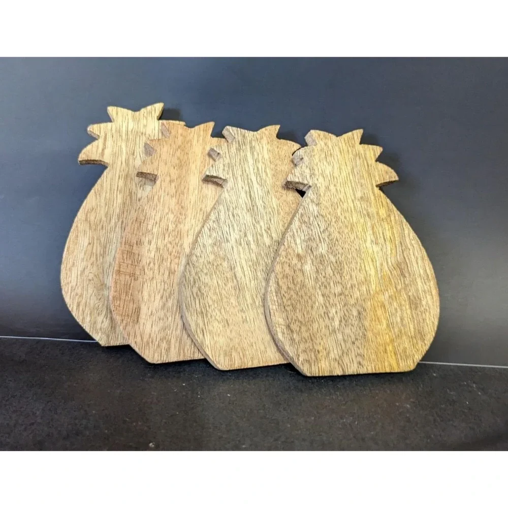 Pineapple Shaped Wood Coasters Set of 4 Tropical Boho Home‎ Decor Brown Wood